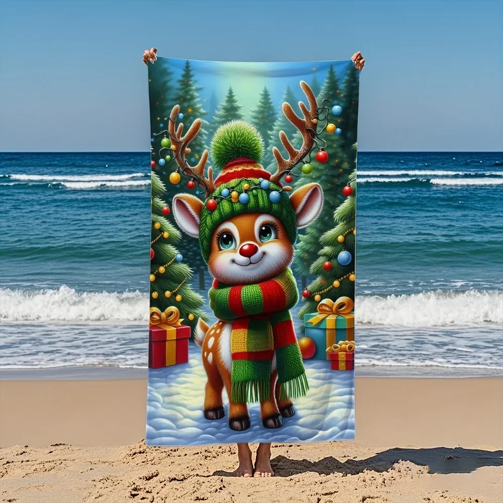 1pc Christmas Deer Beach Towels, Summer Beach Essentials Bath Towels, Suitable for Bedroom Beach Sofa Swimming, Holiday Decorati