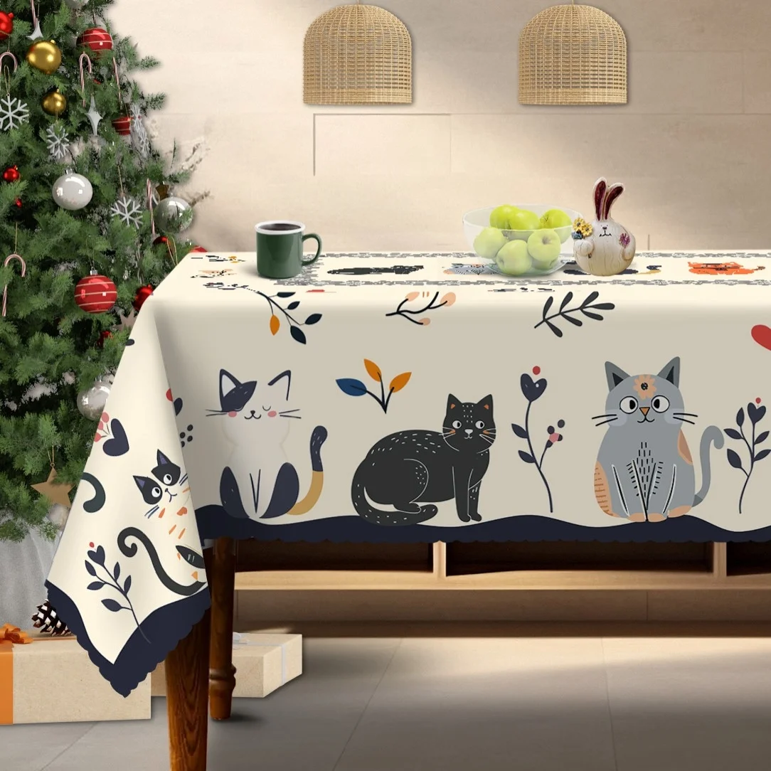 Cute Cat Print Rectangular Tablecloth Farmhouse Design, Ideal for Indoor/Outdoor Gatherings & Home Decoration