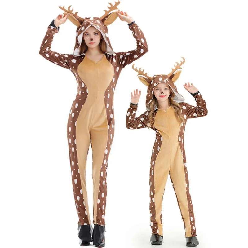 Unisex Adult Child Christmas Reindeer Costume Family Elf Cosplay Outfits Couple Animal Pajamas Carnival Party Suit