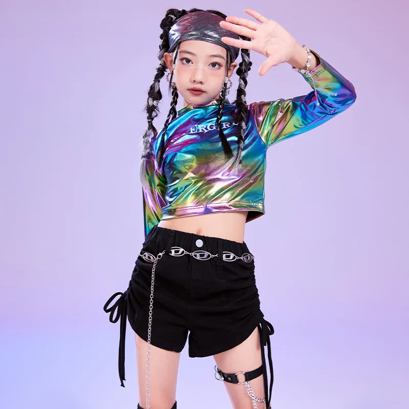 Girls Hip Hop Sets Laser Crop Top K-pop Shorts Street Dance Shiny Clothes Kids Jazz Costume Child Streetwear