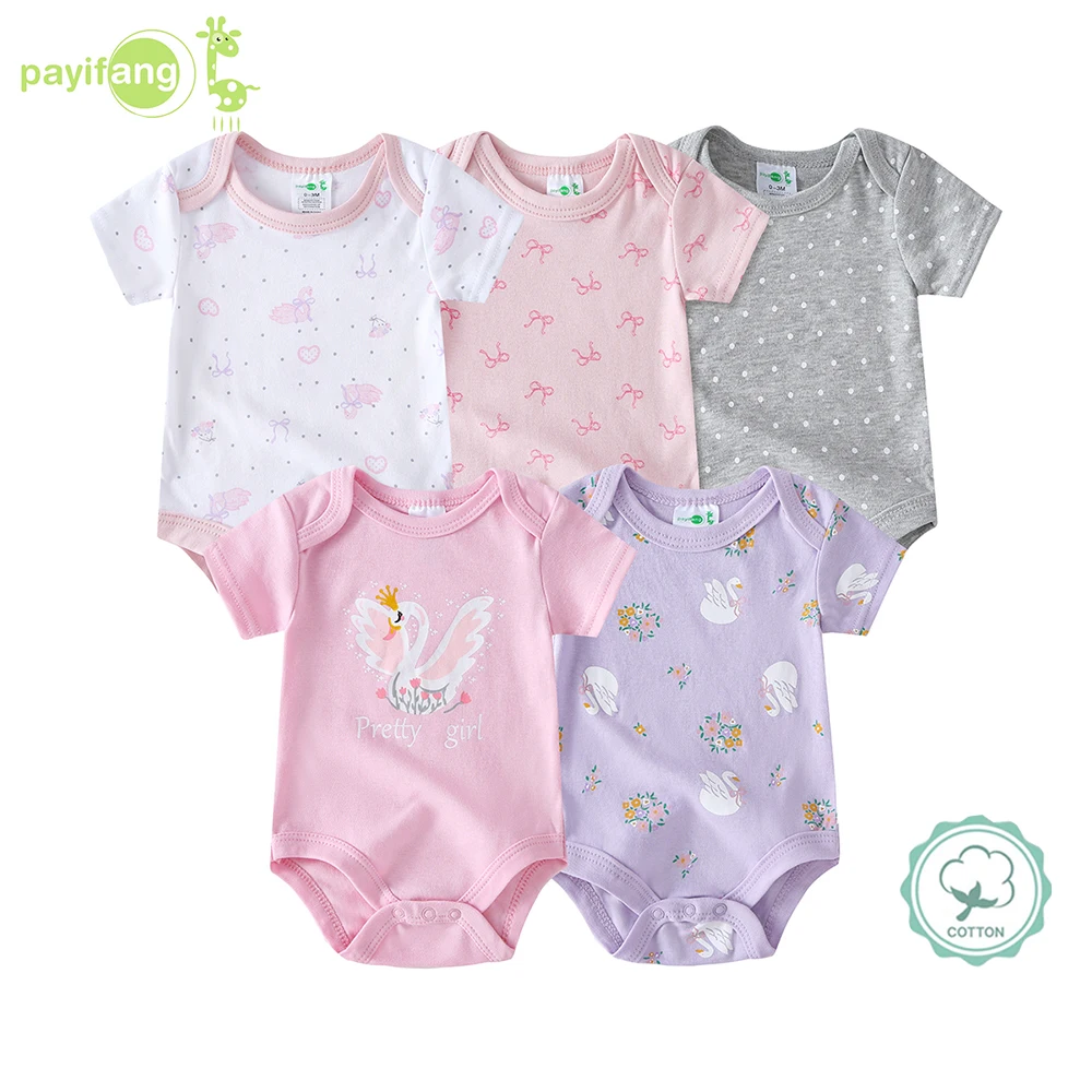 5pcs Baby Girl Romper Set - Cute Animal Print Short Sleeve Outfits with Ribbed Cuffs, Soft Breathable Fabric, All-Season Comfort, Elegant Round Neck Design for Outdoor Play & Casual Attire, Baby Girl Clothes, Playful Babywear, Comfortable Babywear