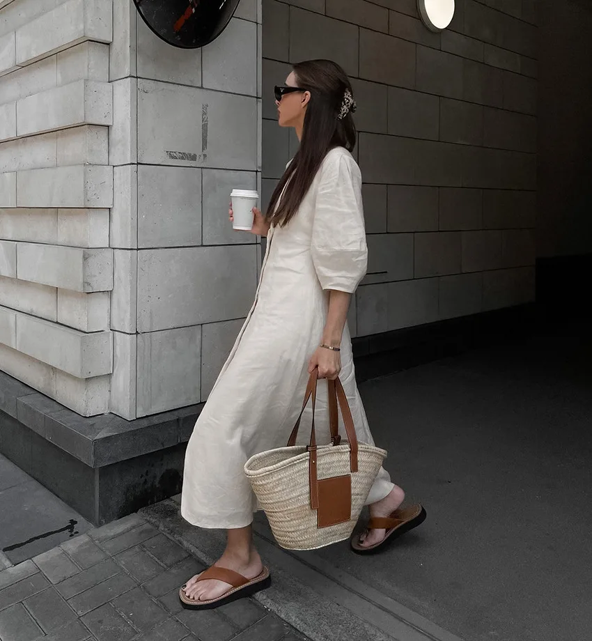 Cotton dress with wide neckline on the lower back, beige V neck with beige neckline on the belt