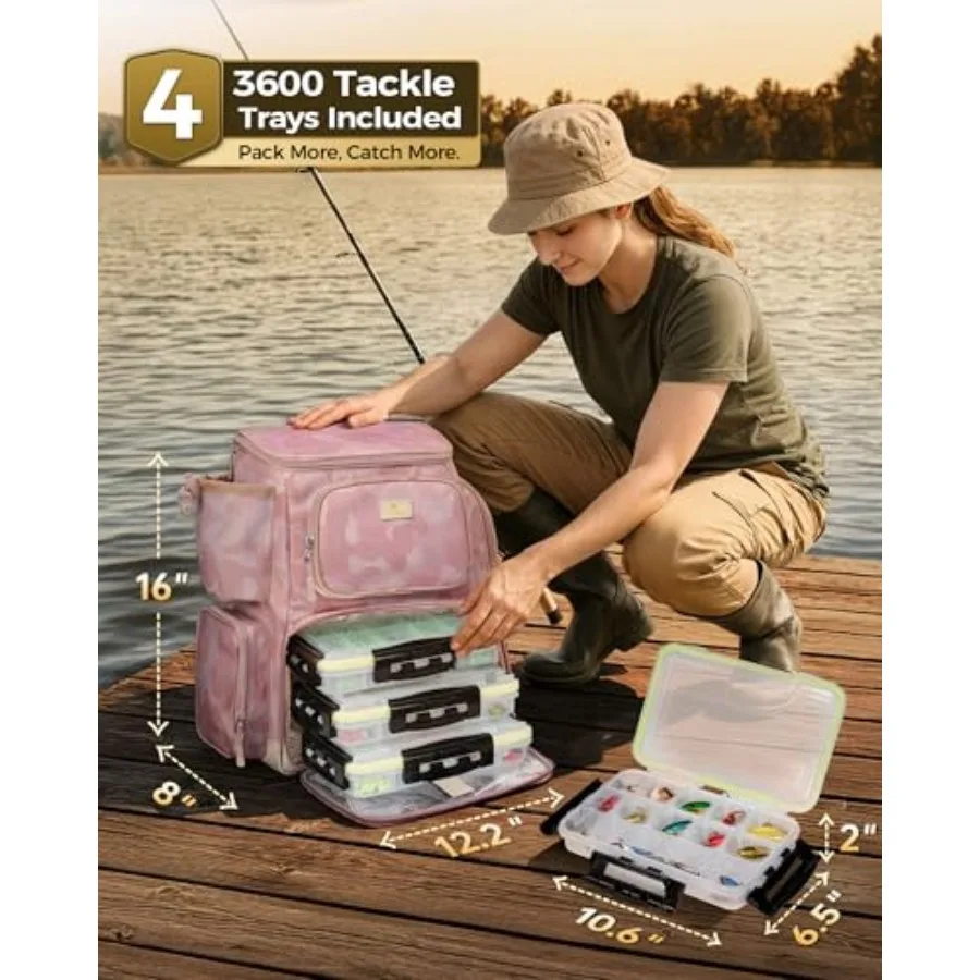 Pro Fishing Backpack with 4 Tackle Boxes, 3600 Tackle Box Backpack with Rod Holder, Large Side Gear Storage and Cooler