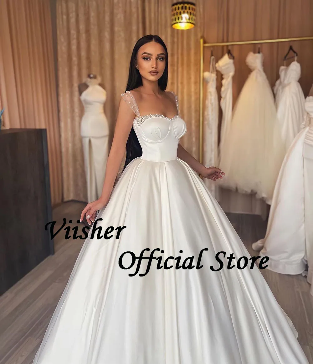 Viisher Ivory Satin A Line Princess Wedding Dresses Pearls Sweetheart Spaghetti Straps Bridal Gowns with Train