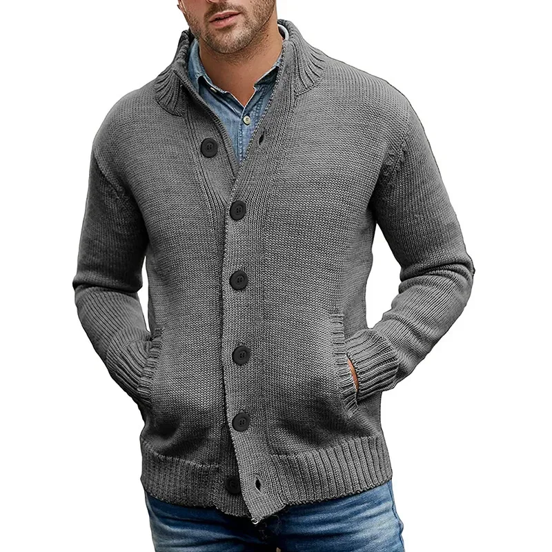 LIBIELIY 2024 European And American Men's Sweater Cardigan, Solid Color Single-breasted Slim-fit, High-neck Knitted Autumn And W