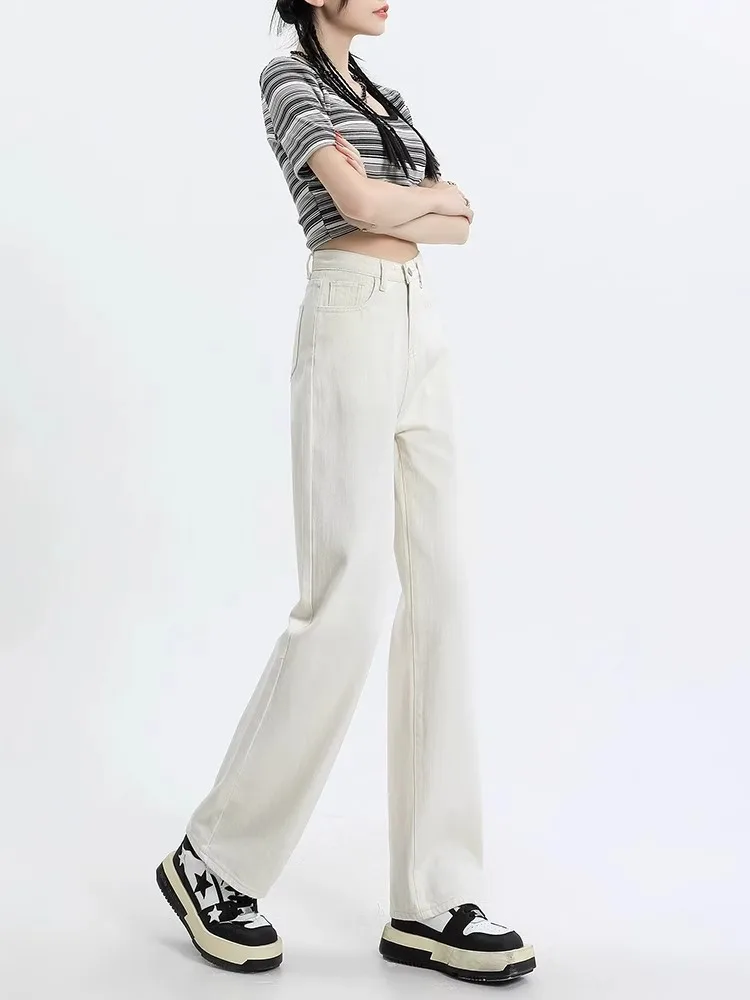 Pantalones vaqueros de pierna ancha de cintura alta adelgazantes para mujer, pantalones vaqueros blancos de verano con sentido colgante fino, pantalones vaqueros elásticos de algodón, tubo recto hasta el suelo