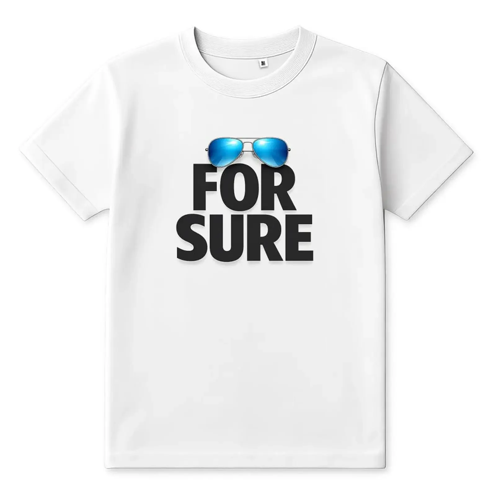 T Shirt Blanc avec Imprimé for Sure et Lunettes de Soleil Bleues Col Rond Manches Courtes vintage Washed Slightly streetwear