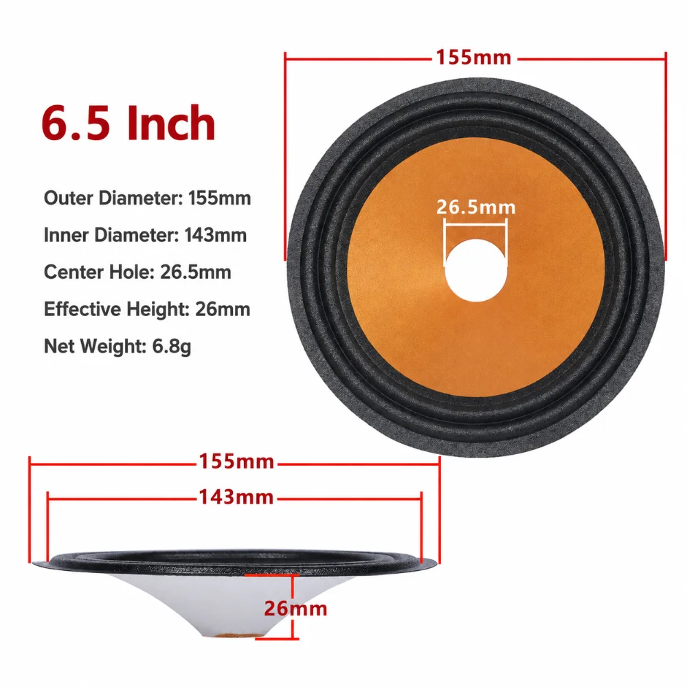 4/5/6.5/8/10/12/15 Inch Speaker Woofer Paper Cone Conical Shape Gold Speaker Cone Cloth Edge Paper Cone Repair Use
