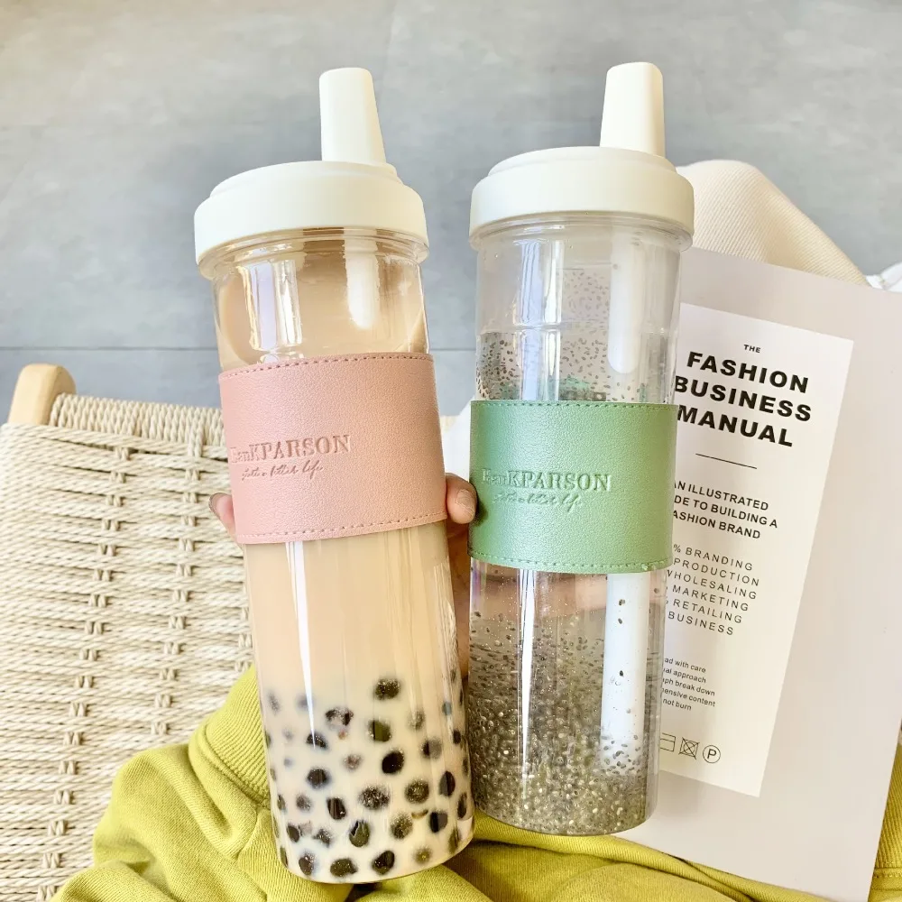 850ML Cute Pearl Milk Tea Straw Plastic Water Bottle with Cup Cover Women Large Capacity Juice Boba Milk Cup Drop-proof  JJ1616