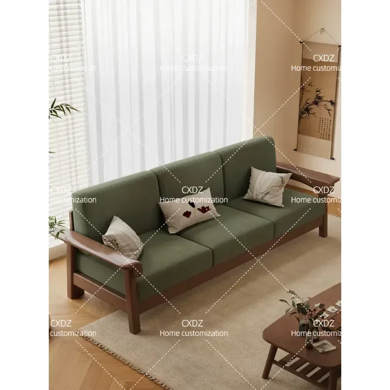Solid Wood Sofa Modern Simple Walnut Straight 3 Seater Removable Washable Fabric Couch for Small Apartment Living Room