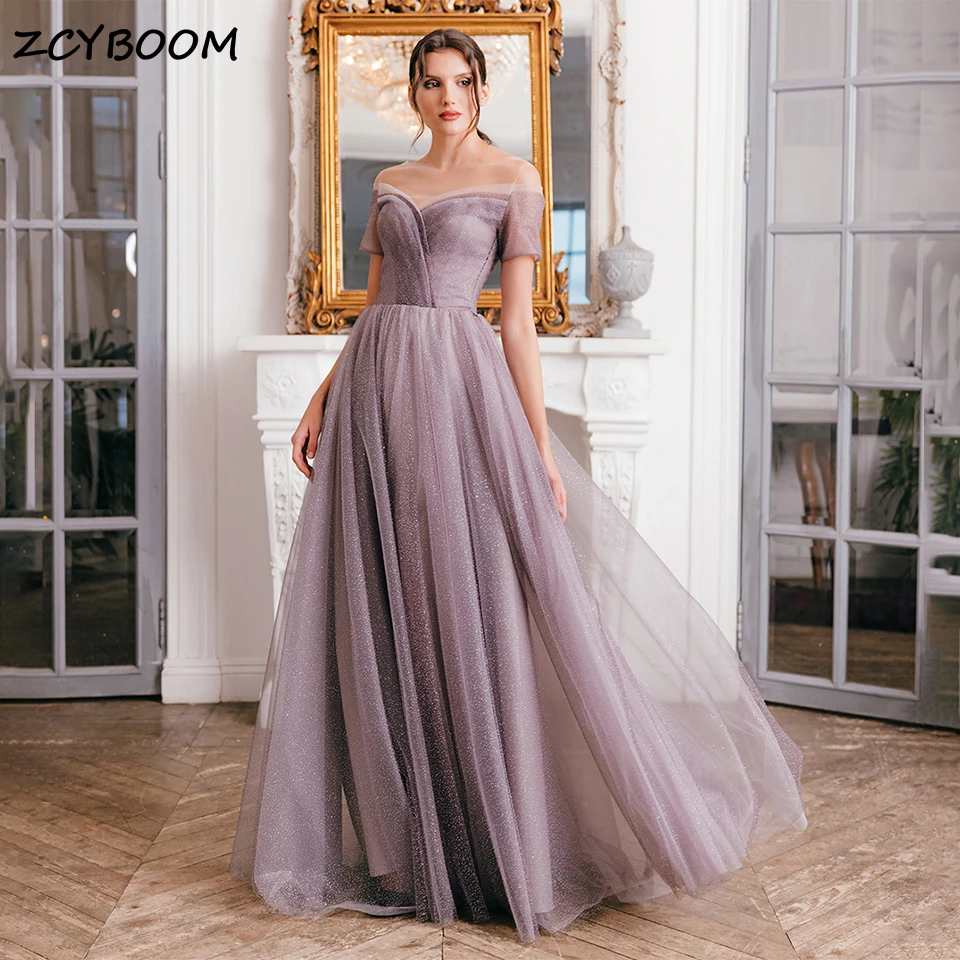 

Elegant Shiny Tulle Illusion O-Neck A-Line Evening Dresses 2024 Short Sleeves Floor Length Graduation Party Prom Gowns For Women