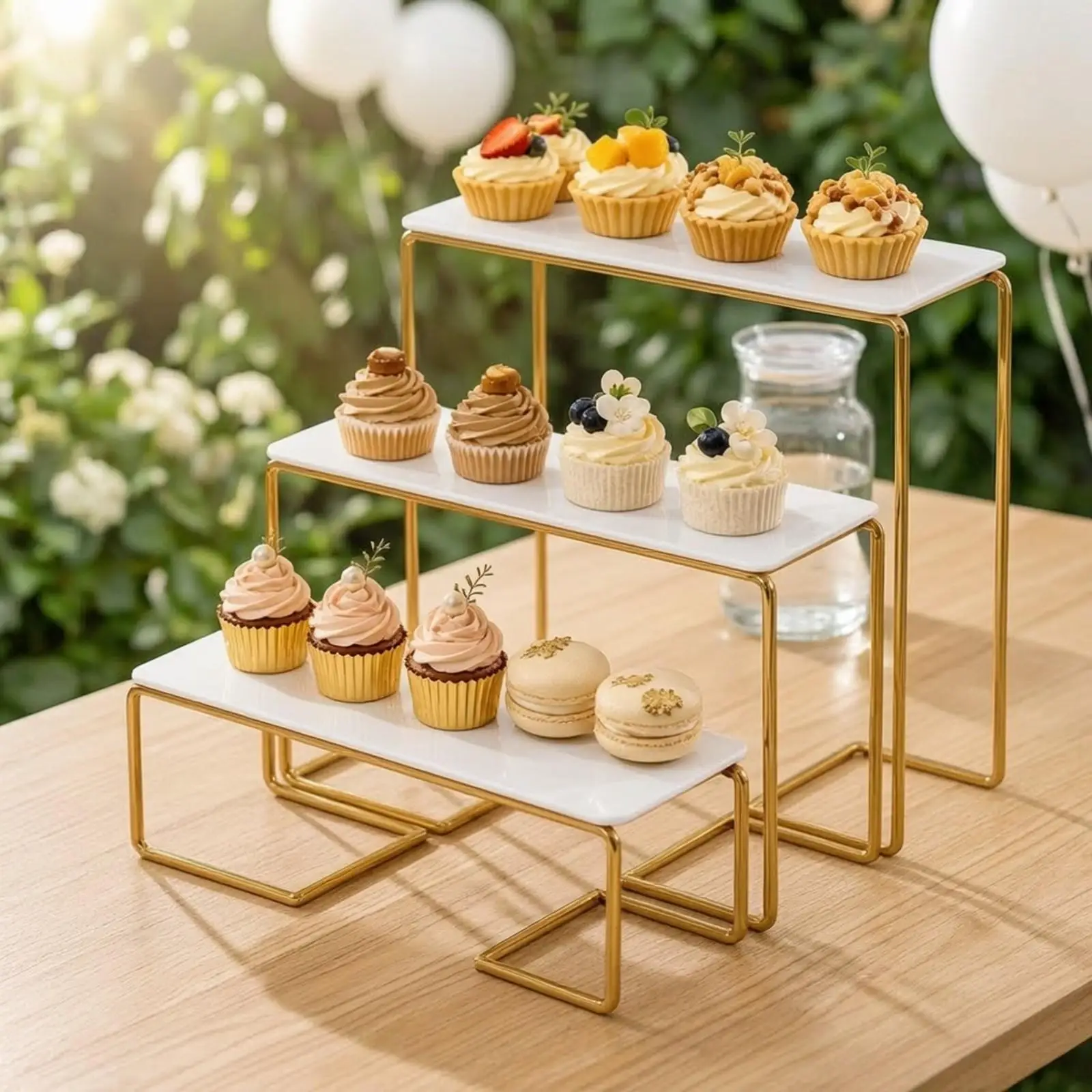 3 Pieces Rectangular Dessert Display Stand Elegant 3-Tier Dessert Stand with Ceramic Platforms Sleek Food-Grade for Weddings