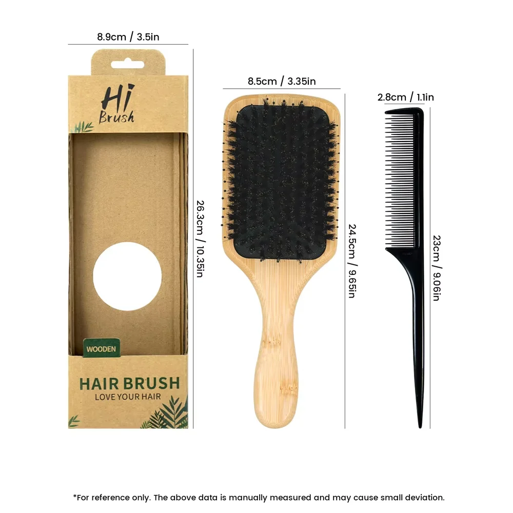 2-in-1-Haarbürste und Rattenschwanzkamm-Set aus 100 % natürlichem Holz – professionelle Borstenbürste zum Entwirren, Kopfhautmassage und Haarpflege – Detail 5