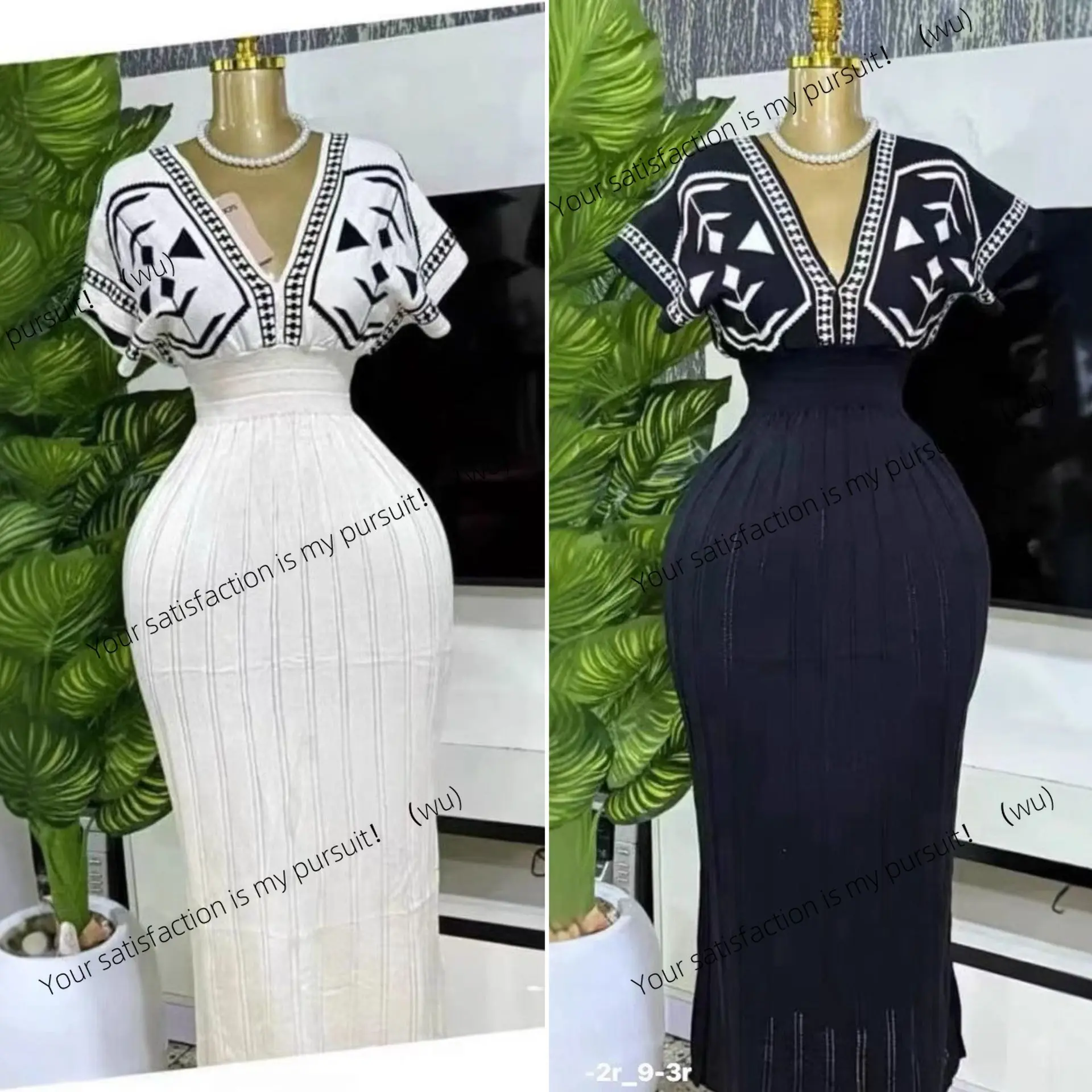 

New Elegant V-Neck High Waist Knitted Jacquard Dress Long Dress Short Sleeves