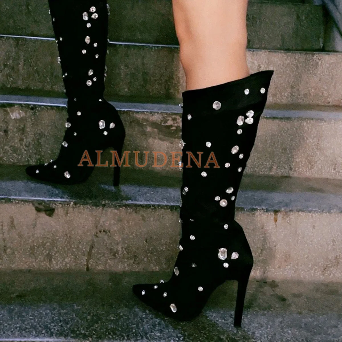 

Women Patent Leather Platform Gold Pointed Toe Thin Heel Zip Black Suede Crystal Knee Boots Gem Tall Booties Size 43 Shoes