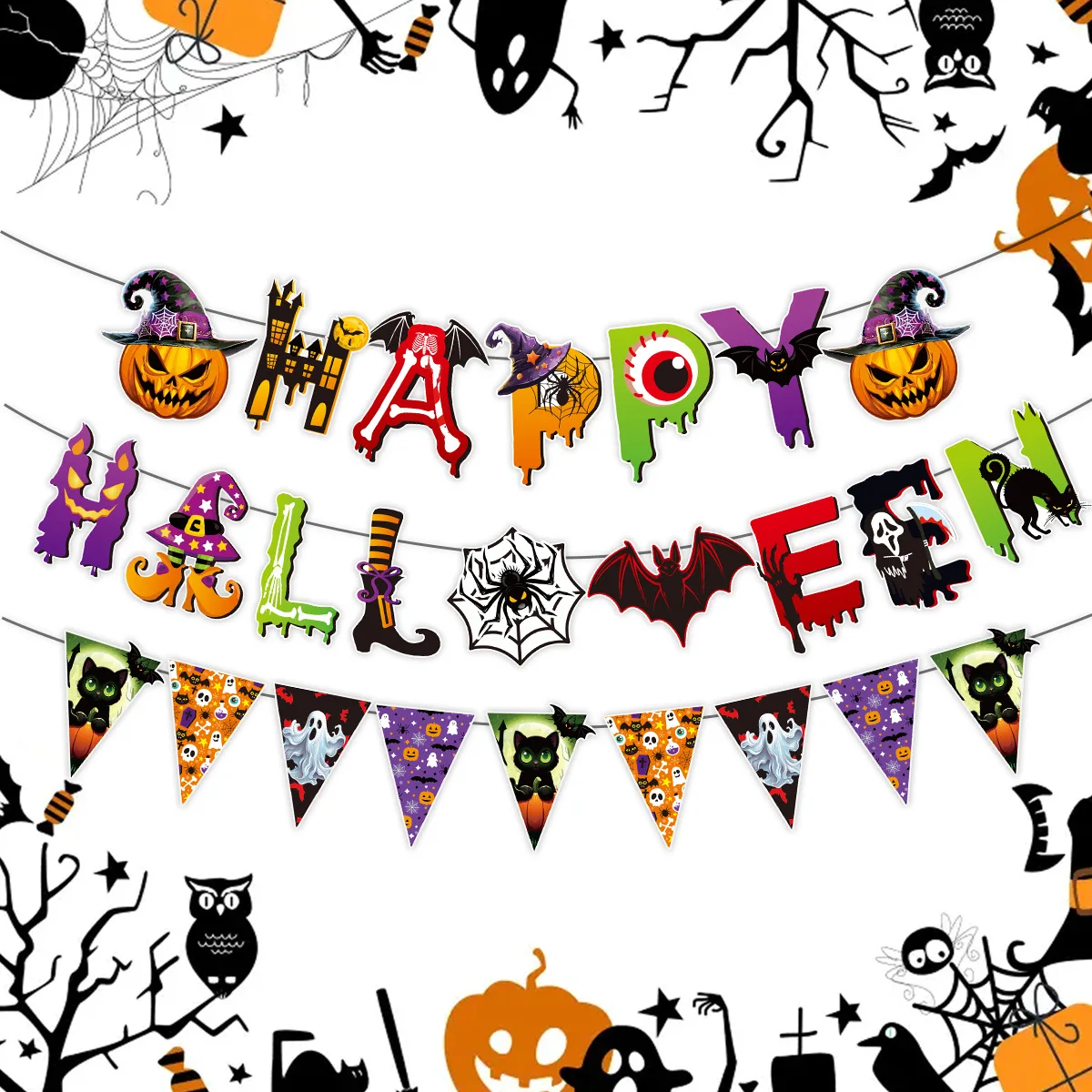 Halloween Party Scene Decoration Pumpkin Skeleton Terror Balloon Letter Pull Flag Set Scary Halloween Themed Party Supplies