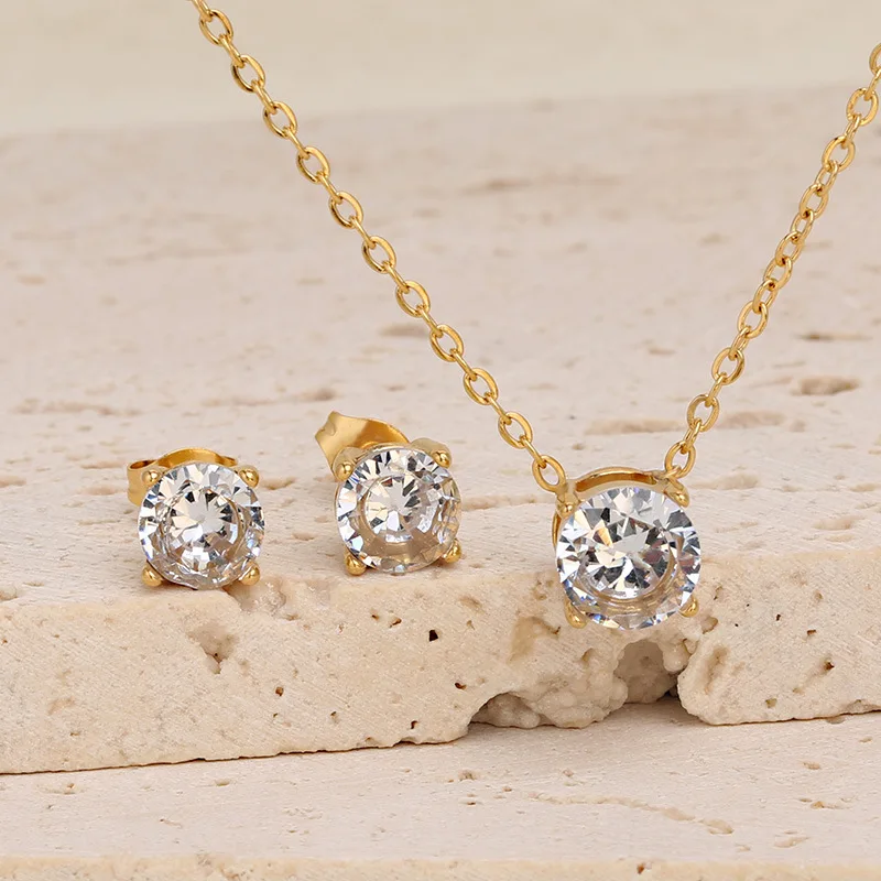 

Light Luxury & Shiny Stainless Steel Classic 4-Prong Single Diamond Necklace Earrings Set for Women, Daily Stunning