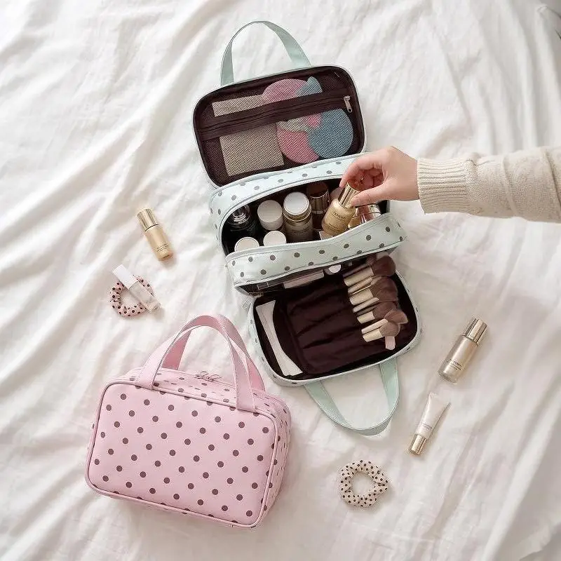 Polka Dot Cosmetic Bag Waterproof PU Leather Large Capacity Travel Toiletry Pouch for Ladies Weekend Getaway