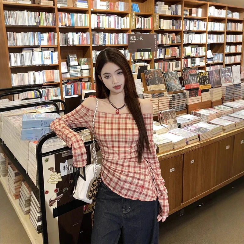 

2025 Summer Off-Shoulder Shirt for Women, Elegant Sweet and Spicy Style, Fitted Long Sleeve Red Plaid Blouse.