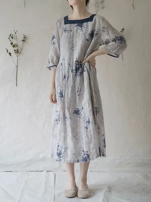 

Summer Artistic Chinese Style Loose Printed Dress Square Collar Hanfu Long Robe Casual Gown Women's Fashion Cotton Dress