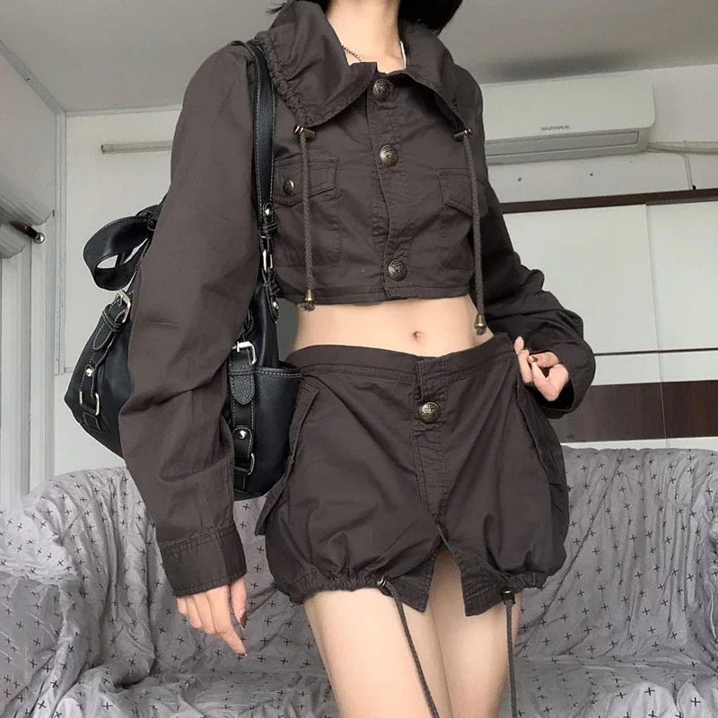 Solid Color Woven LapeL Button Drawstring Long Sleeved Jacket Short Top HigH Waisted Irregular Pocket Skirt Two-piece Set For