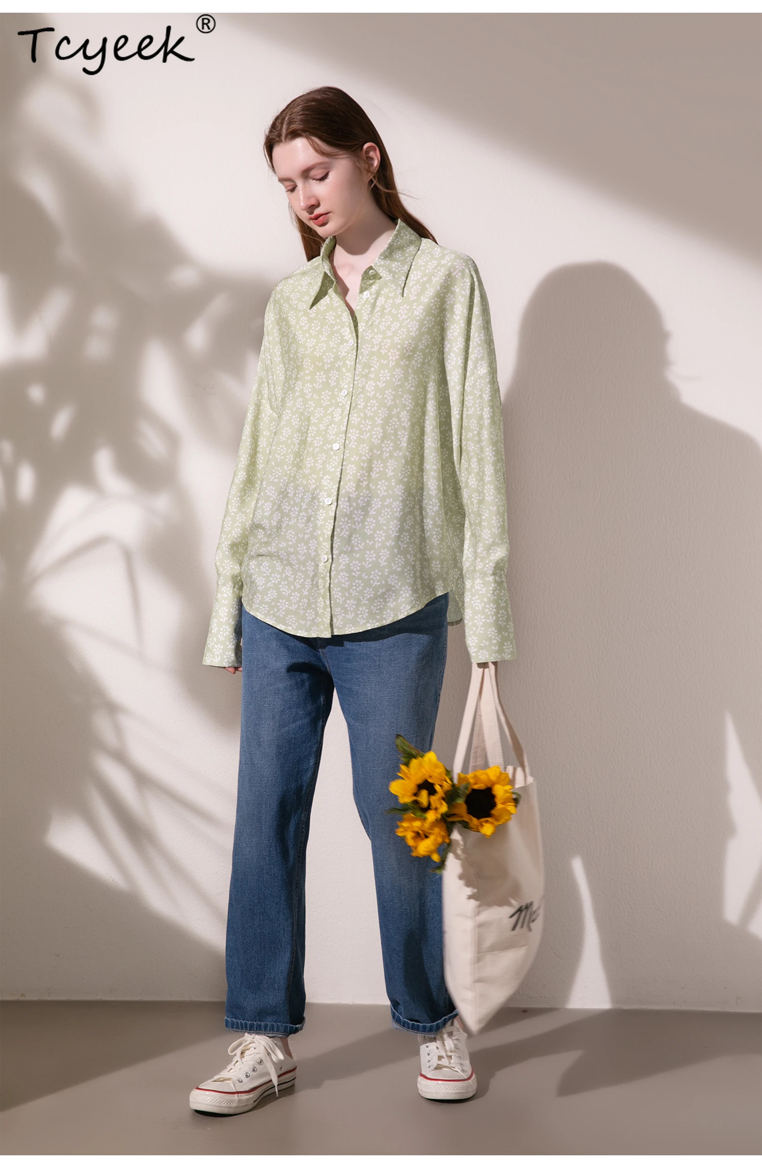 Tcyeek, Elegancka koszula z 30% naturalnego jedwabiu, damska koszula z długim rękawem i kwiatowym kołnierzykiem, luźna bluzka w stylu retro, lato 2024, jesień T47104QM