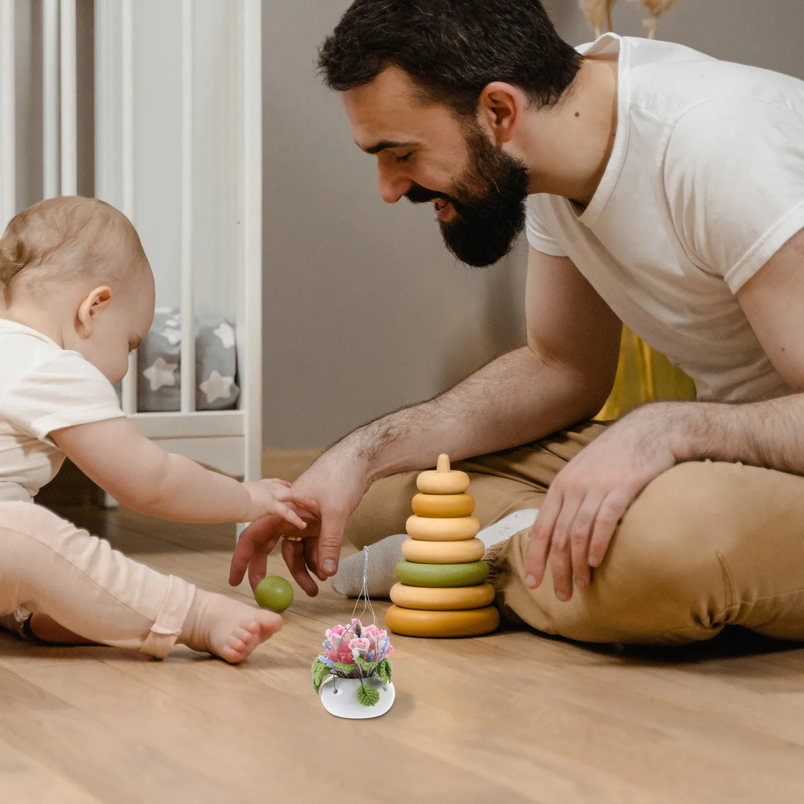 

1Pcs Mini Plant Potting Adornment 1:12 Pink Rose Creative Hanging Basket Home Decor Miniature Flower Ornament for Mini House