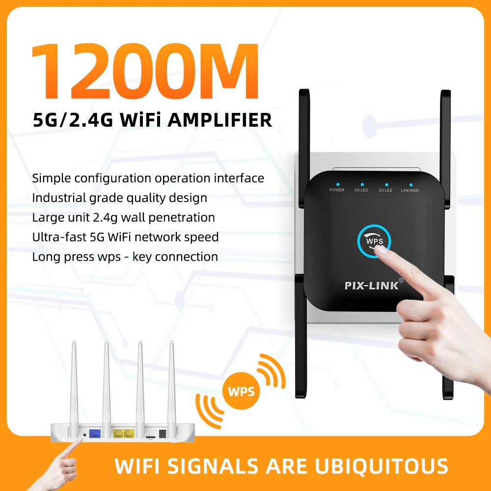 PIXLINK AC24 5G/2.4Ghz 1200M Dual WiFi Extender Repeater Wireless Wi-Fi Amplifier Long Range Wi Fi Signal Booster Wifi Repiter