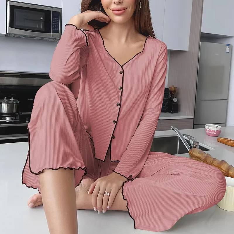 New autumn and winter women's pure-color pajamas set, including a two-piece set of long-sleeved shirt and pants,casual home wear