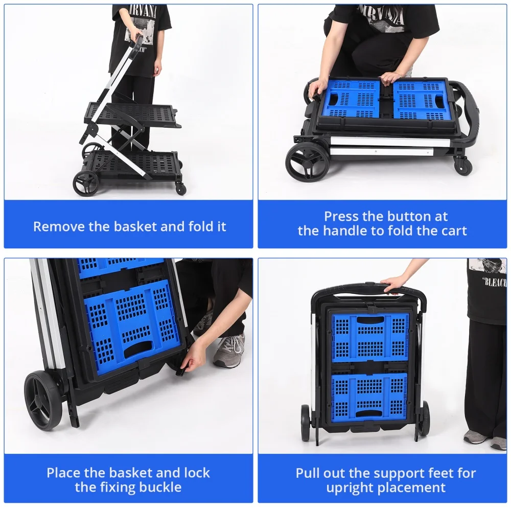 2-Tier Folding Shopping Cart with Wheels Service Cart with Storage Crate, Utility Carts 200LBS Capacity Storage Hand Truck