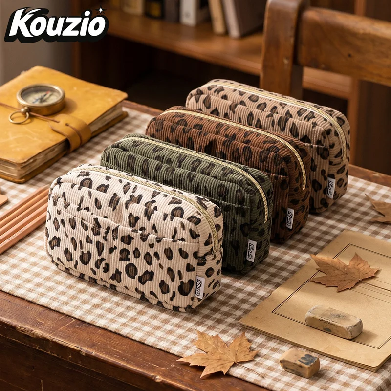 Kouzio Leopard Print Corduroy Double Zipper Makeup Bag with Front Pocket
