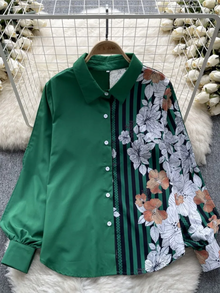 

Hikigawa Chic Fashion Women's Luxury Elegant Long-Sleeve Print Patchwork Shirts Casual Loose All Match Designer Tops Mujer