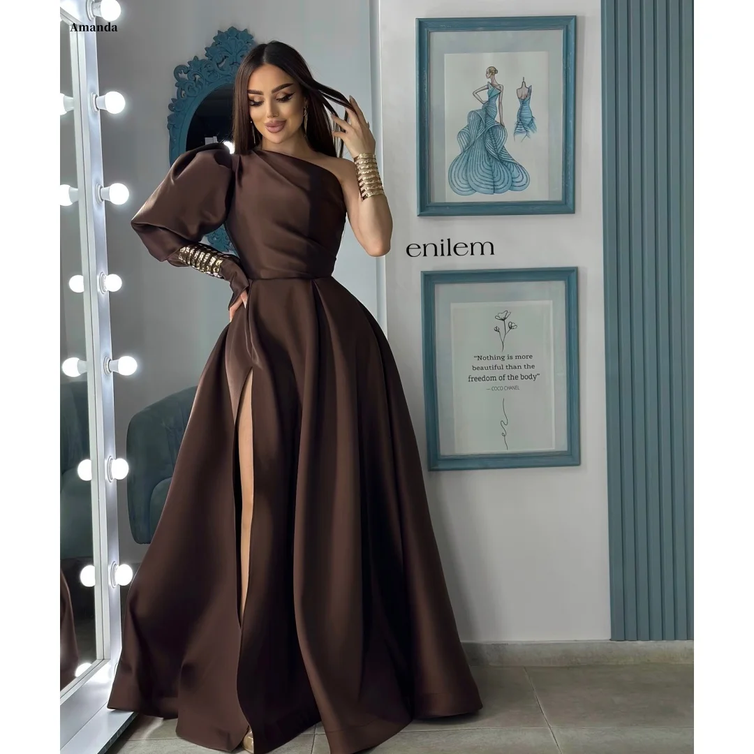 

Amanda Customized Chocolate Brown One Shoulder Puff Sleeve Prom Dress Metallic Cuff Satin High Slit Maxi Gown Formal Evening