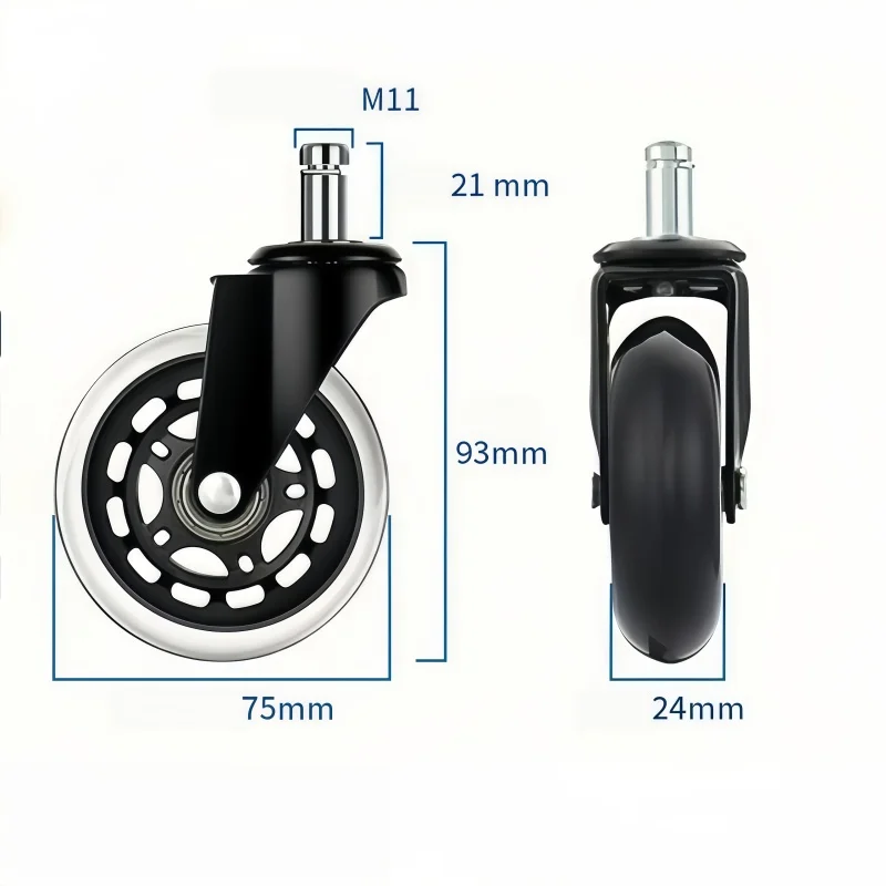 3 Inch Office Chair Casters PU Silent Replacement Wheels M11 Stem 75mm Heavy Duty Swivel Furniture Caster Protect Floor