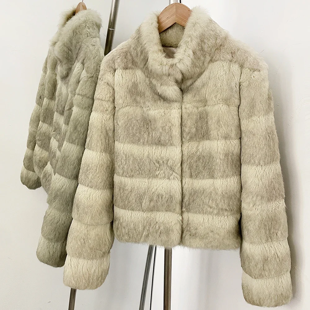 OFTBUY Jacke mit Stehkragen und horizontalen Streifen aus natürlichem Kaninchenfell, kurze Damen-Winterjacke, echter Kaninchenfellmantel für Damen – Detail 14