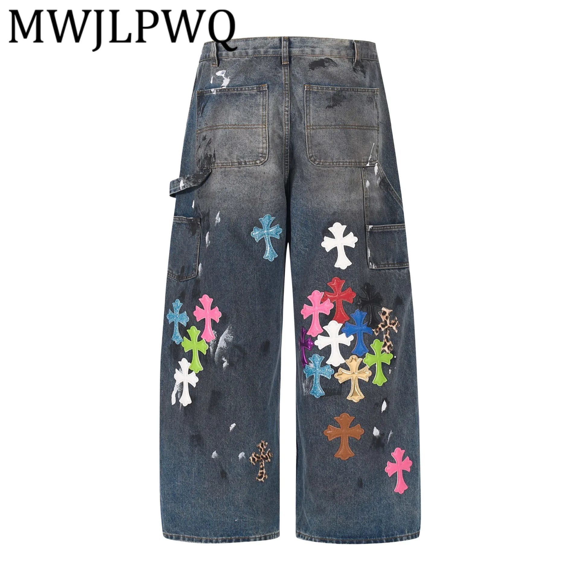 

MWJLPWQ Мужские уличные джинсы с узором, модные свободные прямые широкие брюки High Street, повседневные брюки в стиле пэчворк Tide 12296