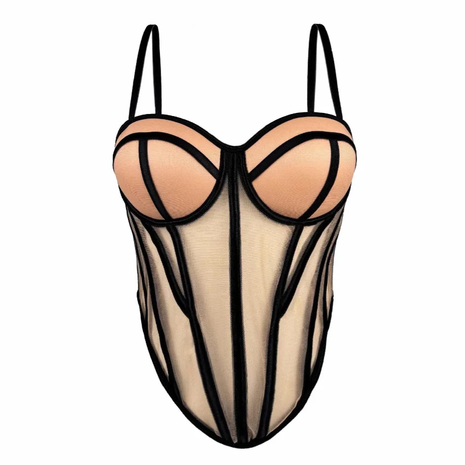 Sexy Mesh Corset Top with Removable Straps Sheer Bustier with Color Blocking Boned Design Slim Fit for Women Lingerie Crop Top