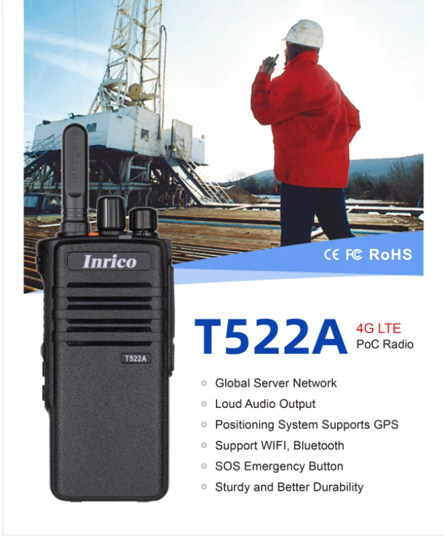 Inrico T522A 4G LTE PoC Radio: Zello PTT, 50KM Range, GPS, WiFi 6, Bluetooth 5.0, Android & 4000mAh Long-Life Battery
