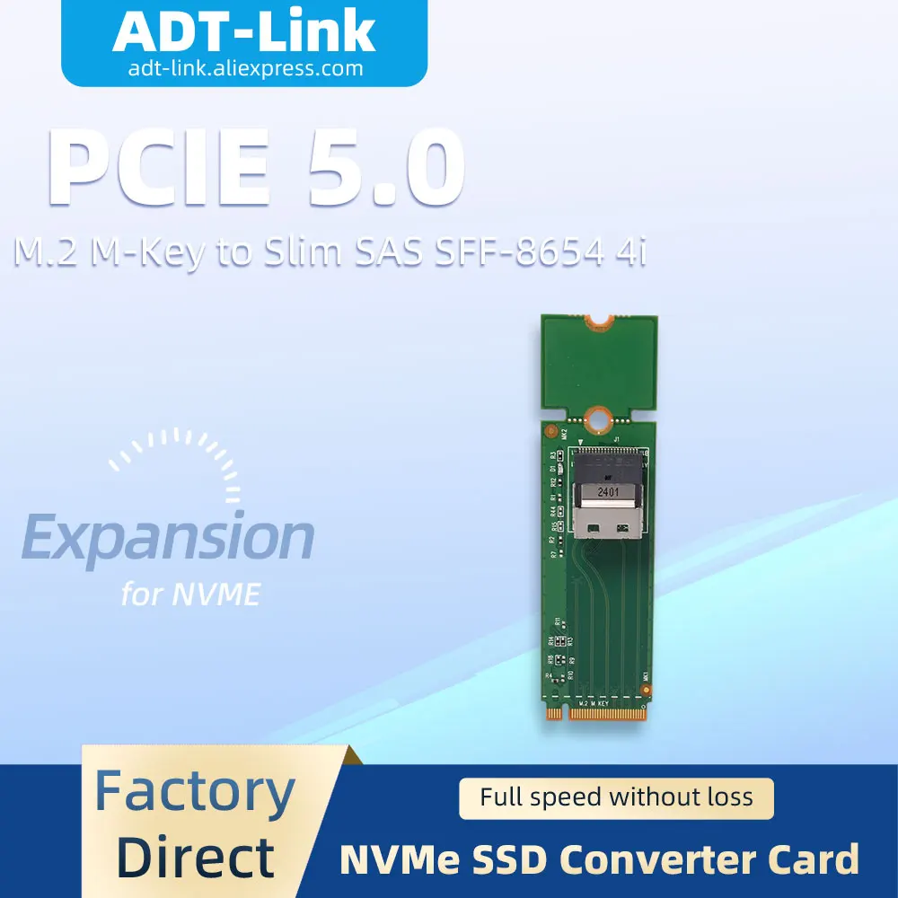 PCIe 5.0 GEN5 M.2 M-Key to Slim SAS SFF-8654 4i Adapter NVMe SSD Converter Card for Server High Speed Data Transmission