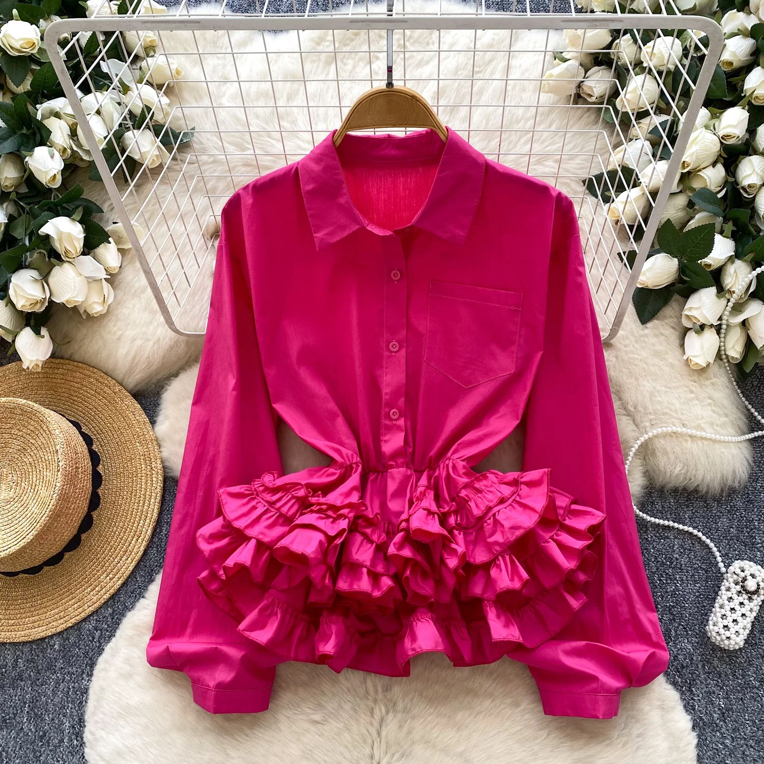 

Clothland Women Elegant Ruffled Blouse Long Sleeve Candy Color Shirt Female Fashion Casual Tops Blusa Mujer LB387