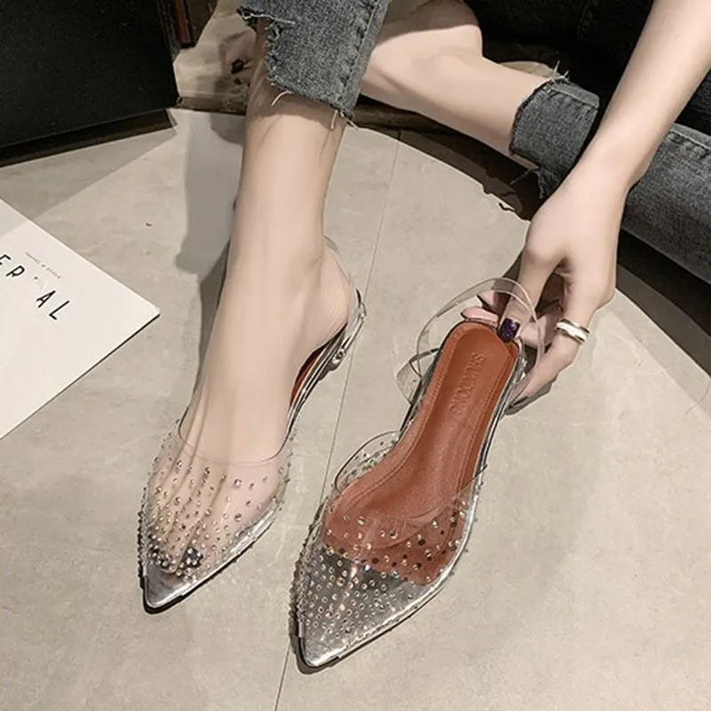 Women Elegant PVC Plastic Transparent Sandals Ladies Pumps Crystal Low Heels Rhinestone Sandales Femmes Party Heels Women Shoes