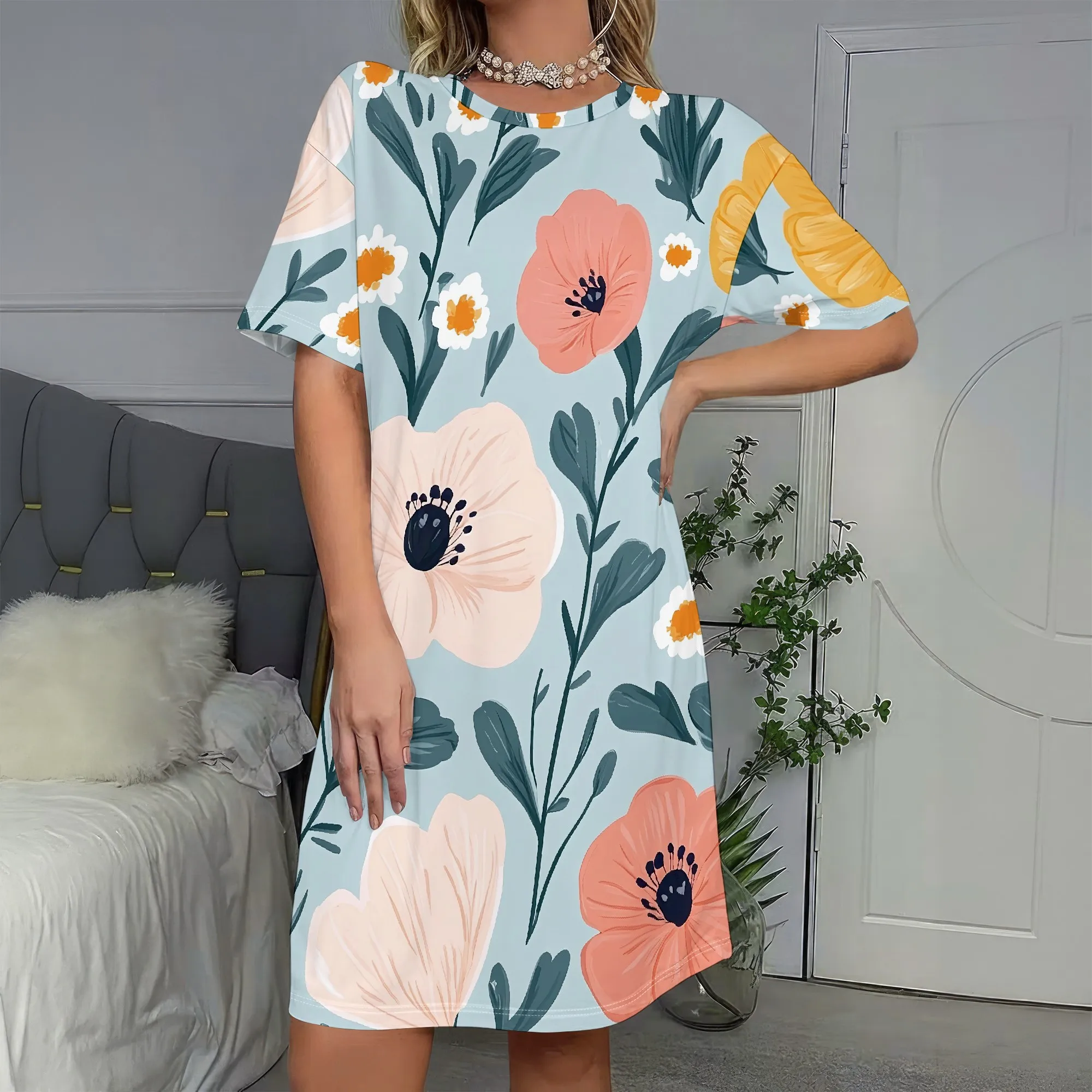 

Floral Print,Short Sleeve Dress,Blue Background with Peach Flowers,White Daisies,Green Leaves,Summer Casual Wear,S-2XL