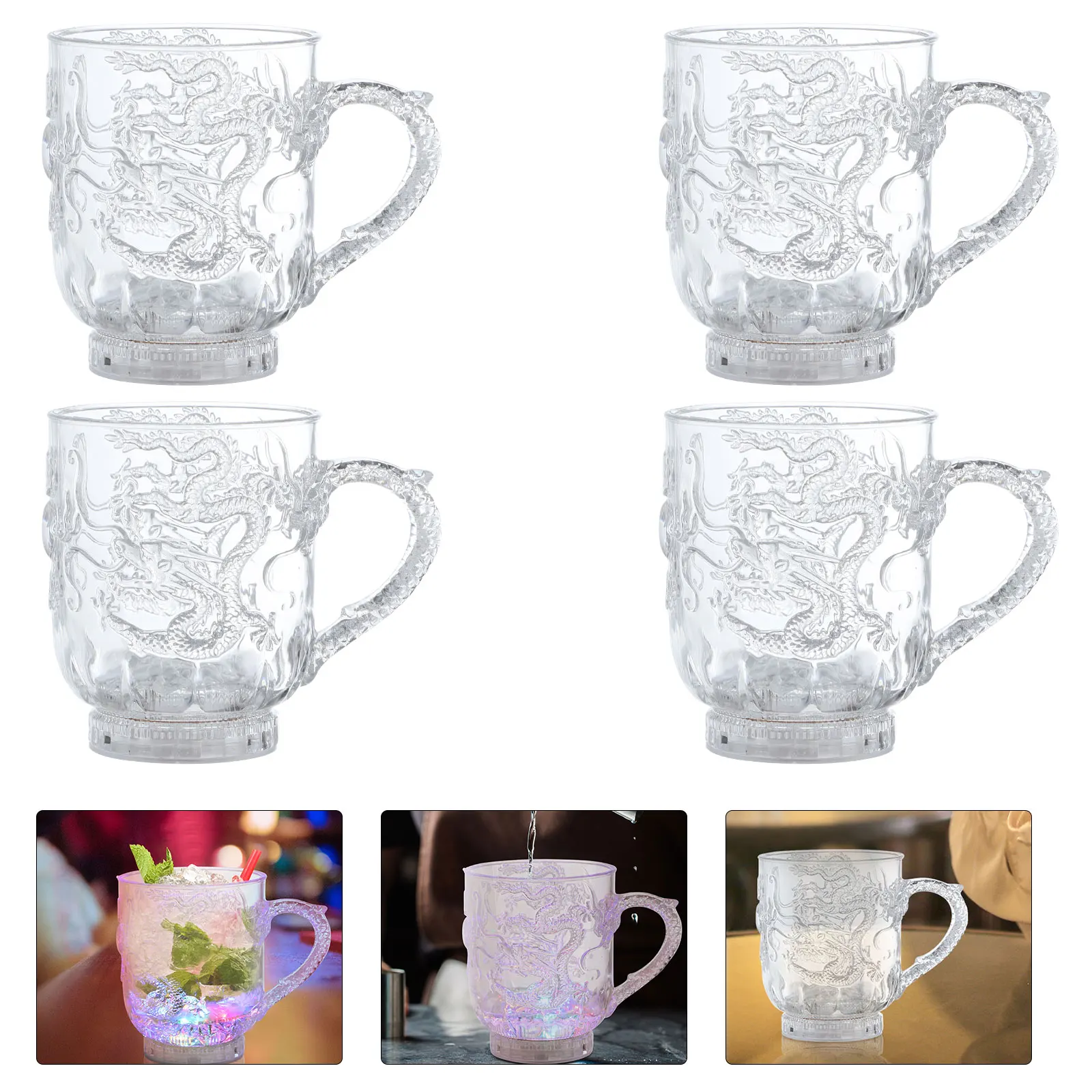 

4pcs LED Flashing Dragon Embossed Cups Color Changing Mug Glow Party Supplies Water Glitter Drink Beverages
