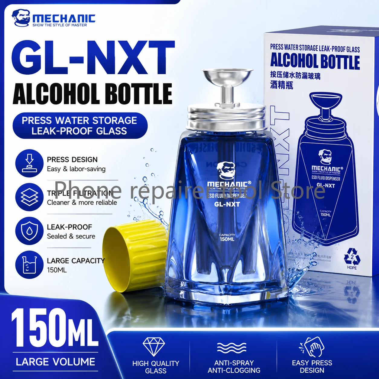 mechanic GL-NXT Glass Alcohol Dispenser 150ML Large Water Tray 3Layer Filtration Anti Splash Clog Free Heavy Duty Tempered Glass