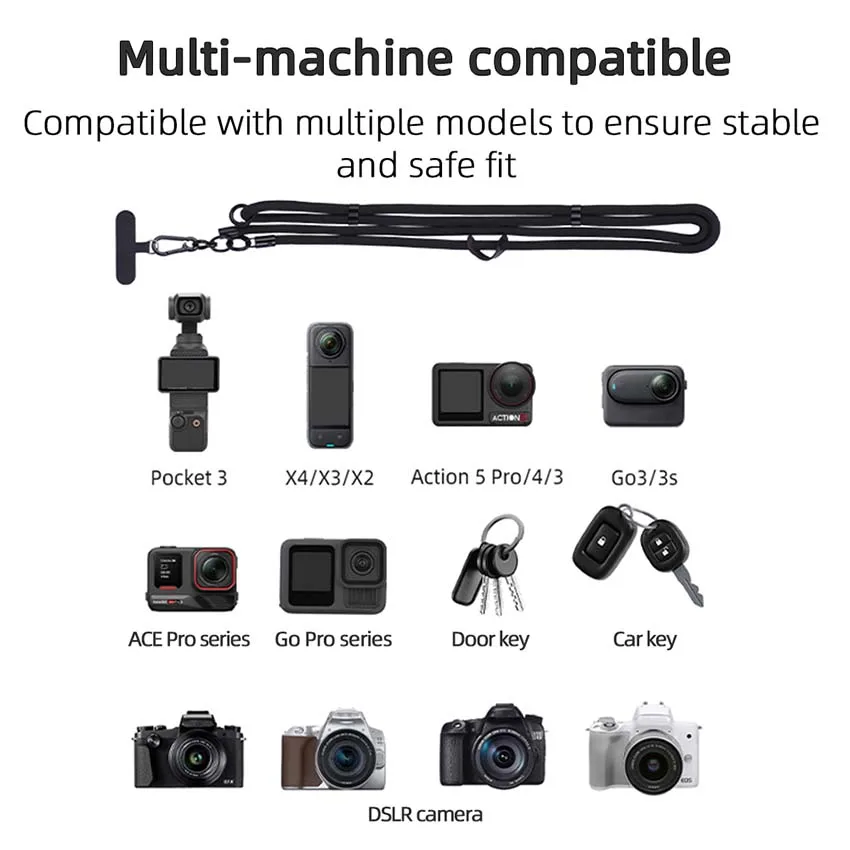حبل كاميرا قابل للتعديل لجيب DJI 3/Action 5/Insta360 ONE X4 حزام الرقبة حزام معلق مضاد للضياع لكاميرات الحركة
