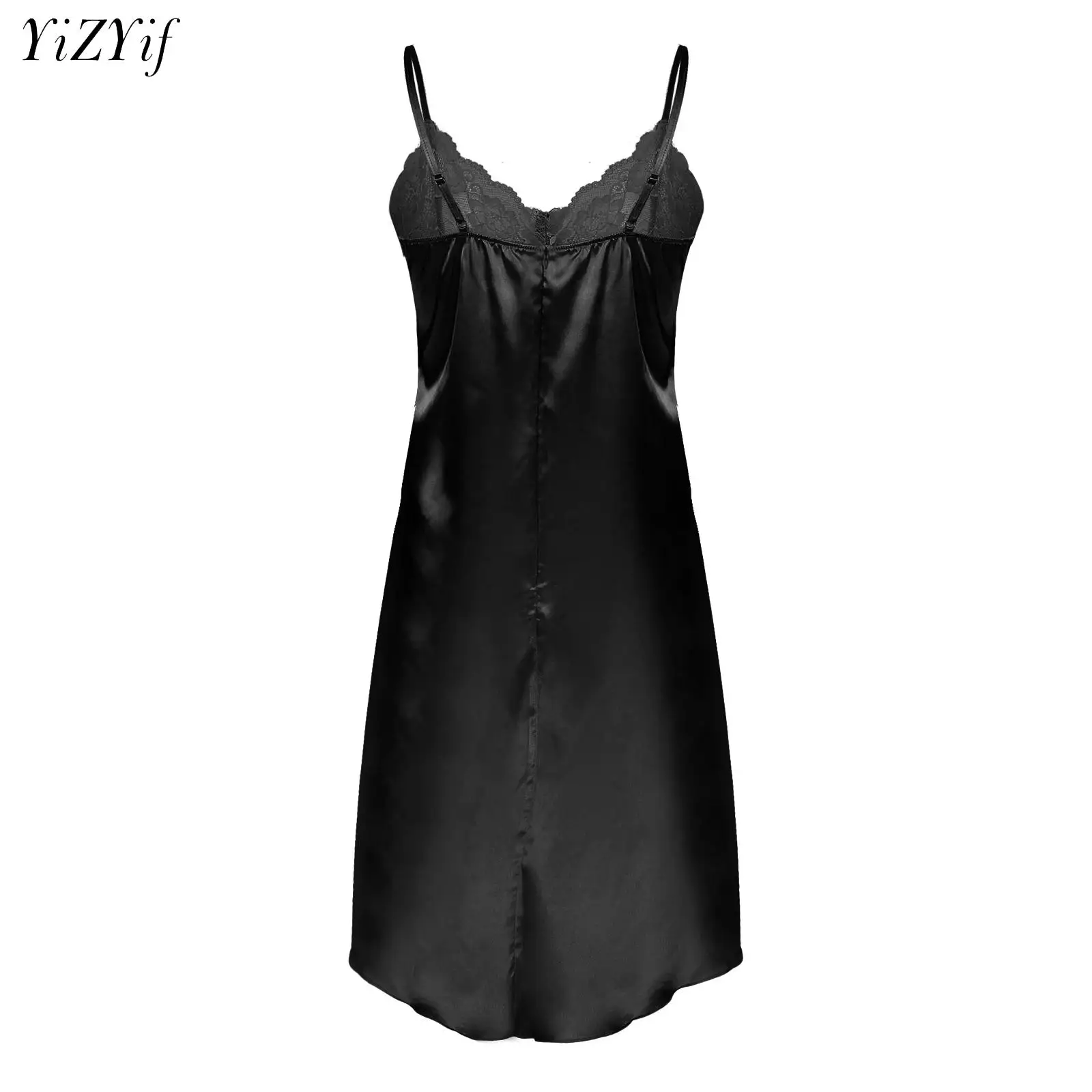 Men\'s Sissy Lingerie Satin Silky Spaghetti Straps V-Neck Sleep Dress Teddy Chemise Crossdresser Nightwear Pajamas Sleepwear