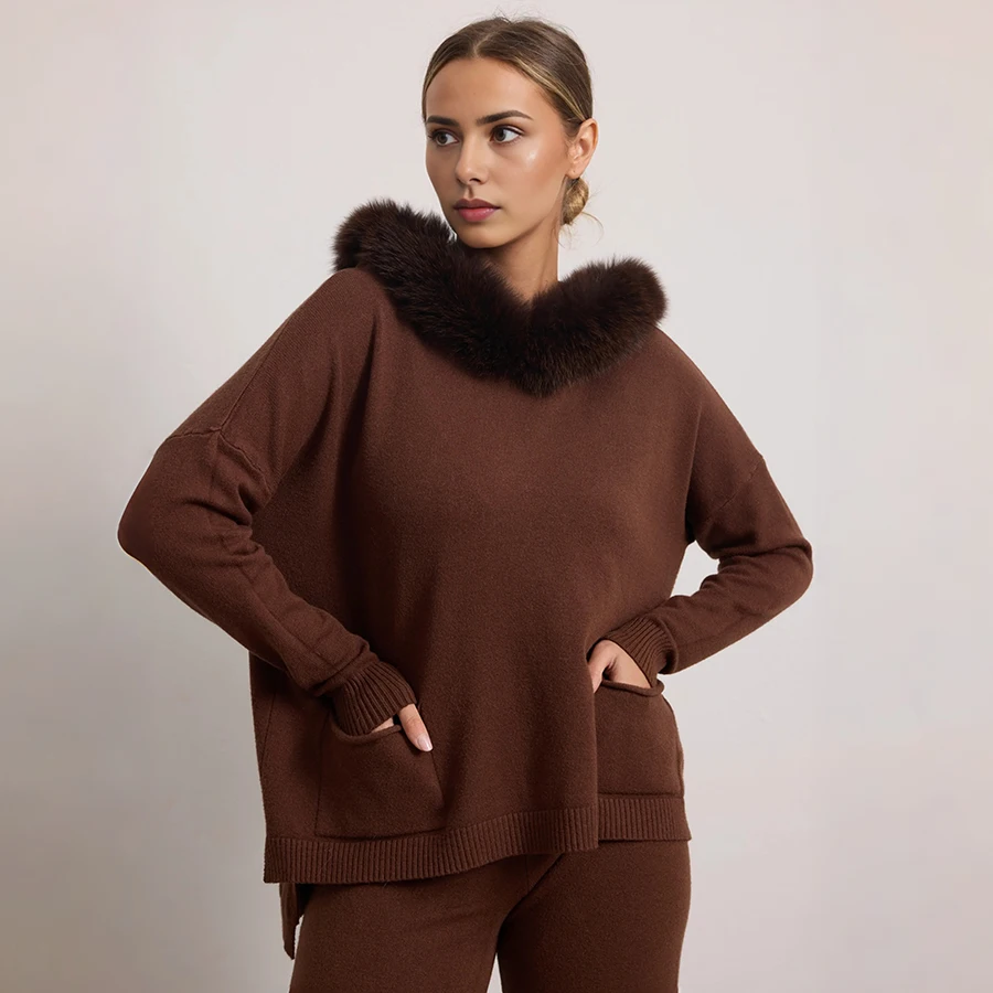 캐시미어 스웨터 폭스 퍼 트림 후드 니트 스웨터 여성용 리얼 퍼 풀오버 고품질 천연 퍼 칼라 캐주얼 후디