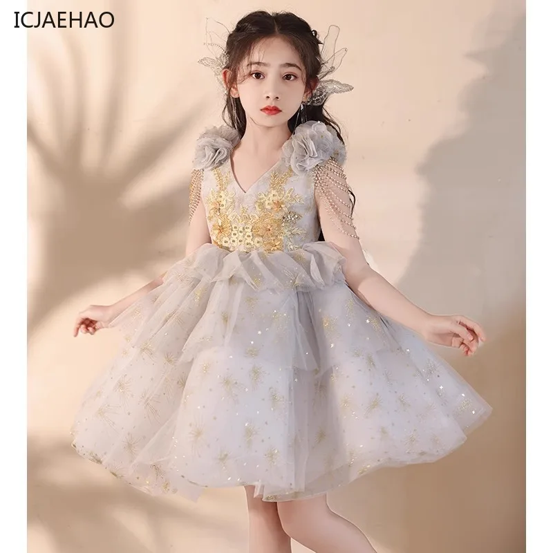 

ICJAEHAO 2024 Girl's Birthday Party Dress Children Luxury Clothes Sleeveless Gown V-neck Children's Princess Flower Sequined