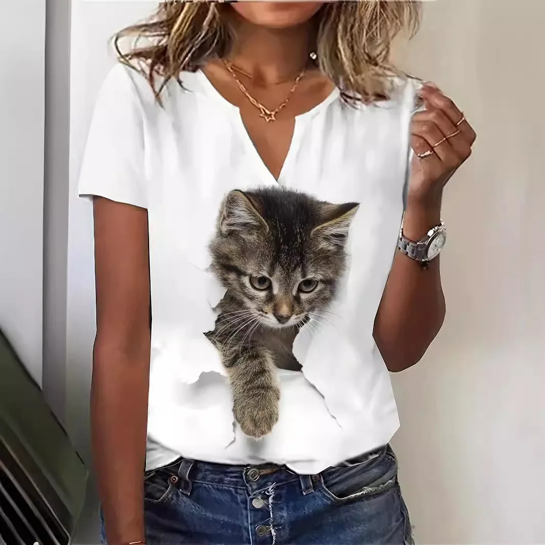 

2025 Summer Women's Short sleeved T-shirt Fashion Independence Day Flag Cat Printed Short sleeved Top Casual Women's Wear