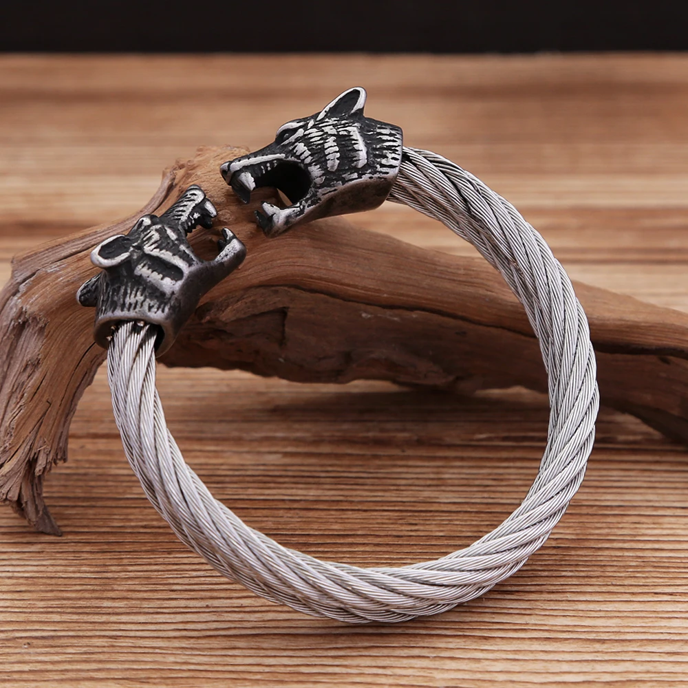 Fashion Vintage Viking Wolf Head Twisted Cable Cuff Bracelet For Men 316L Stainless Steel Punk Animal Bangles Biker Jewelry Gift